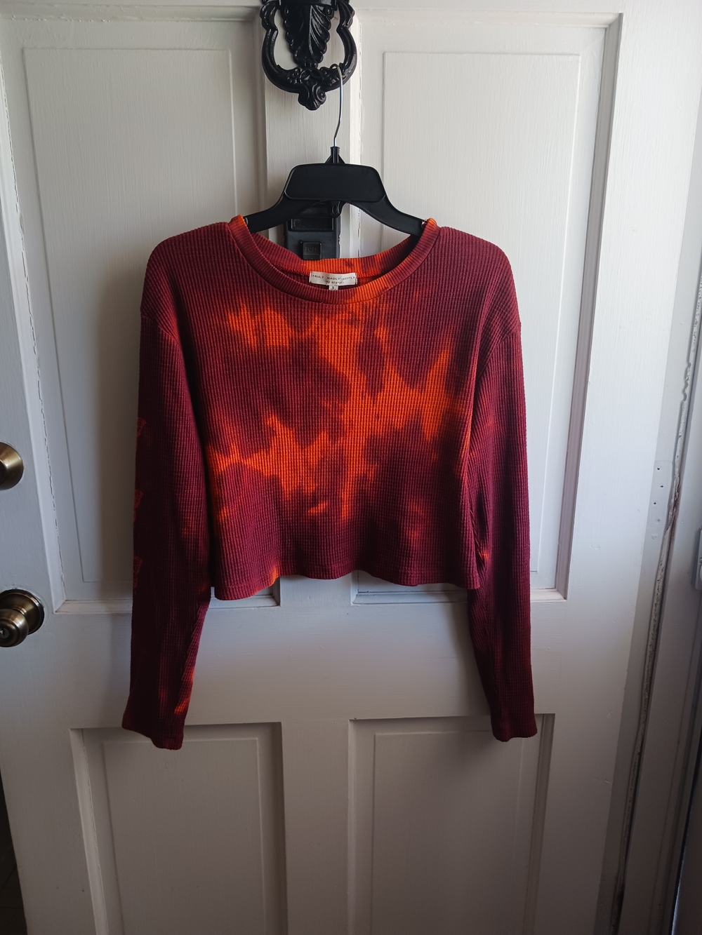 Truly Madly Deeply Red Orange Tie-Dye Cropped Waffle Knit Top Butterfly Sleeves